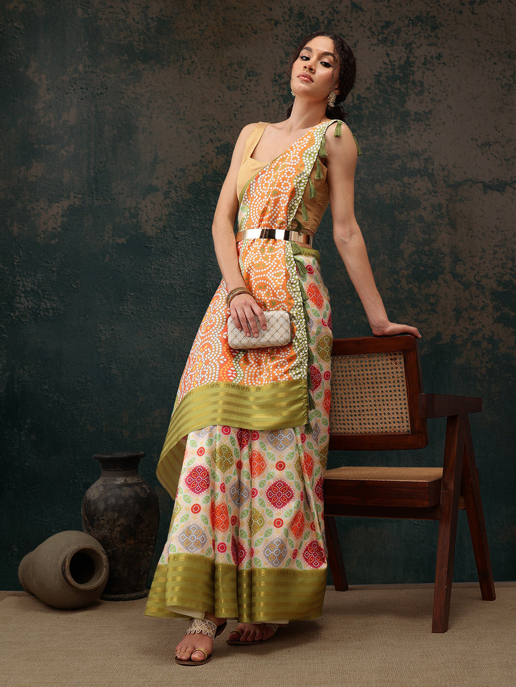 Multicolor Silk Blend Digital Print Bandhani Saree with Unstitched Blouse - Hiral Fashion