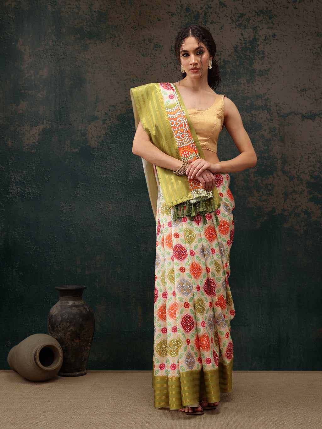 Multicolor Silk Blend Digital Print Bandhani Saree with Unstitched Blouse - Hiral Fashion