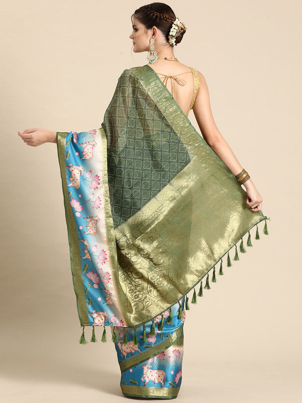 Green Kanjeevaram Silk Digital Print Geomatric Saree with Unstitched Blouse - Hiral Fashion