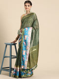 Green Kanjeevaram Silk Digital Print Geomatric Saree with Unstitched Blouse - Hiral Fashion