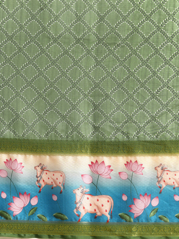 Green Kanjeevaram Silk Digital Print Geomatric Saree with Unstitched Blouse - Hiral Fashion