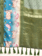 Green Kanjeevaram Silk Digital Print Geomatric Saree with Unstitched Blouse - Hiral Fashion
