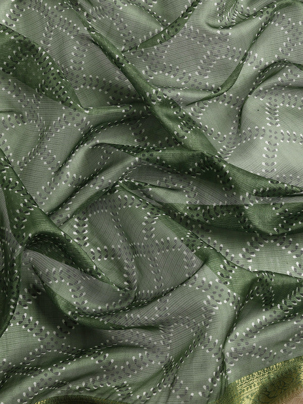 Green Kanjeevaram Silk Digital Print Geomatric Saree with Unstitched Blouse - Hiral Fashion
