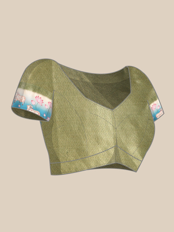Green Kanjeevaram Silk Digital Print Geomatric Saree with Unstitched Blouse - Hiral Fashion