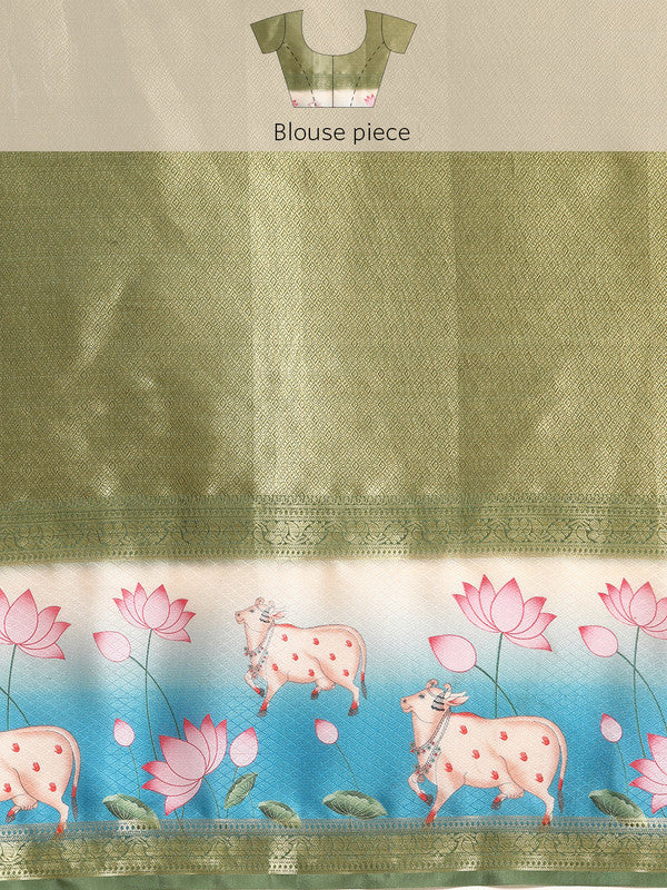 Green Kanjeevaram Silk Digital Print Geomatric Saree with Unstitched Blouse - Hiral Fashion