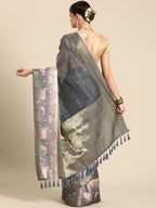 Gray Kanjeevaram Silk Digital Print Geomatric Saree with Unstitched Blouse - Hiral Fashion