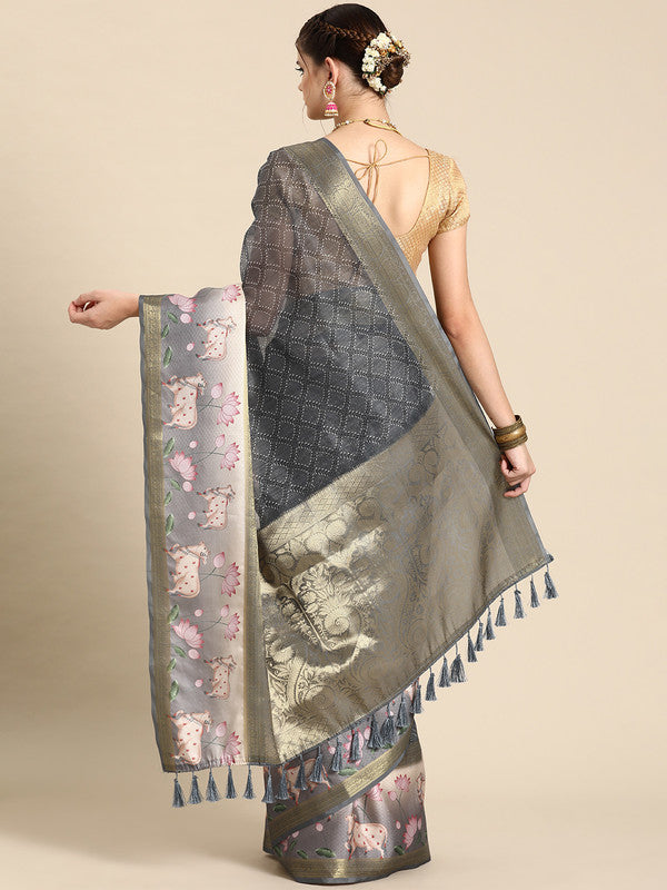 Gray Kanjeevaram Silk Digital Print Geomatric Saree with Unstitched Blouse - Hiral Fashion