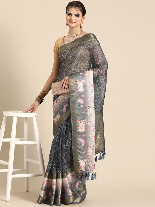 Gray Kanjeevaram Silk Digital Print Geomatric Saree with Unstitched Blouse - Hiral Fashion