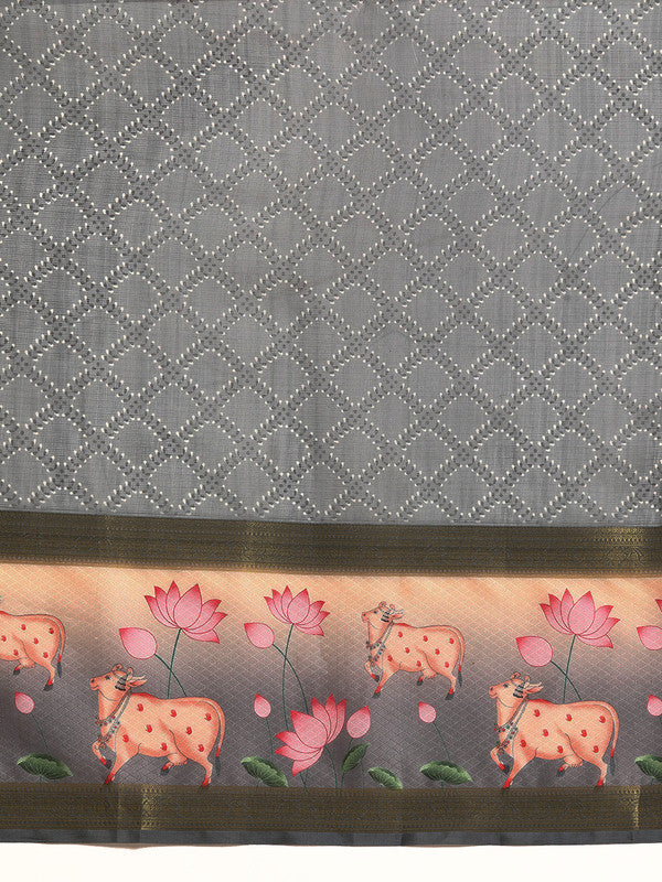 Gray Kanjeevaram Silk Digital Print Geomatric Saree with Unstitched Blouse - Hiral Fashion