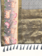 Gray Kanjeevaram Silk Digital Print Geomatric Saree with Unstitched Blouse - Hiral Fashion