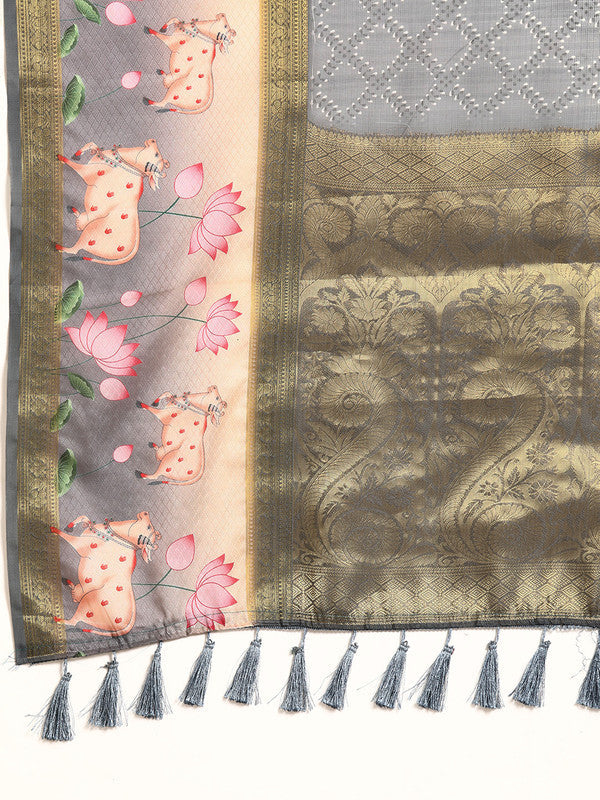 Gray Kanjeevaram Silk Digital Print Geomatric Saree with Unstitched Blouse - Hiral Fashion