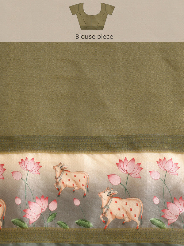 Gray Kanjeevaram Silk Digital Print Geomatric Saree with Unstitched Blouse - Hiral Fashion