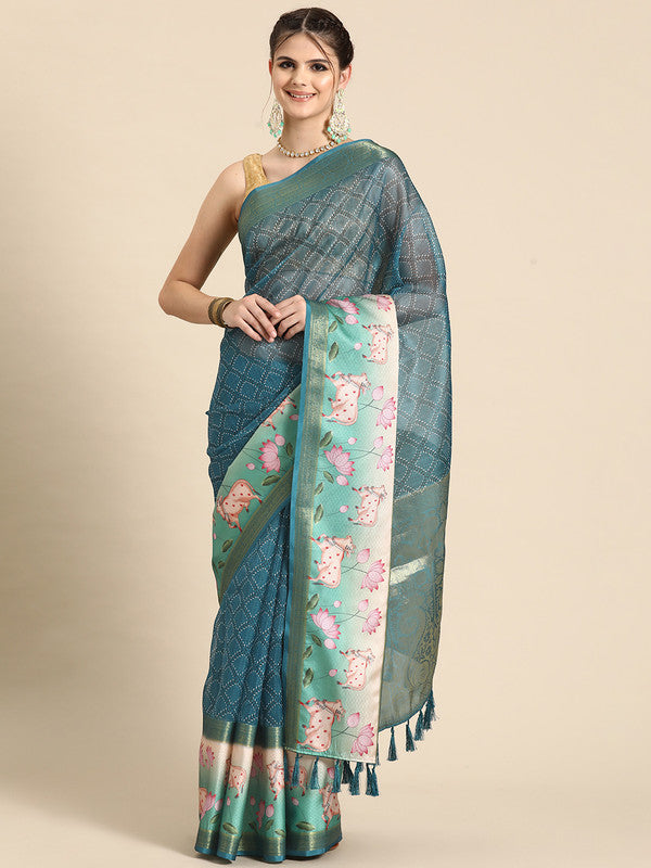 Turquoise Kanjeevaram Silk Digital Print Geomatric Saree with Unstitched Blouse - Hiral Fashion