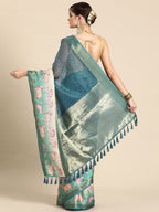 Turquoise Kanjeevaram Silk Digital Print Geomatric Saree with Unstitched Blouse - Hiral Fashion