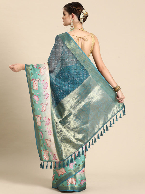 Turquoise Kanjeevaram Silk Digital Print Geomatric Saree with Unstitched Blouse - Hiral Fashion