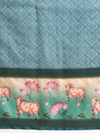 Turquoise Kanjeevaram Silk Digital Print Geomatric Saree with Unstitched Blouse - Hiral Fashion