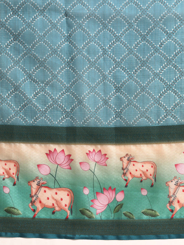 Turquoise Kanjeevaram Silk Digital Print Geomatric Saree with Unstitched Blouse - Hiral Fashion