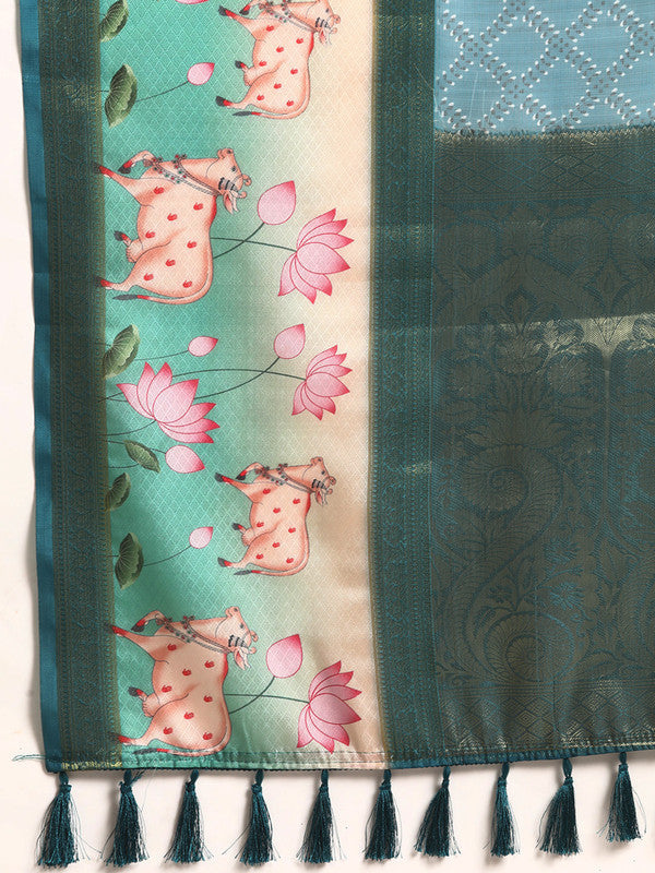 Turquoise Kanjeevaram Silk Digital Print Geomatric Saree with Unstitched Blouse - Hiral Fashion