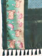 Turquoise Kanjeevaram Silk Digital Print Geomatric Saree with Unstitched Blouse - Hiral Fashion