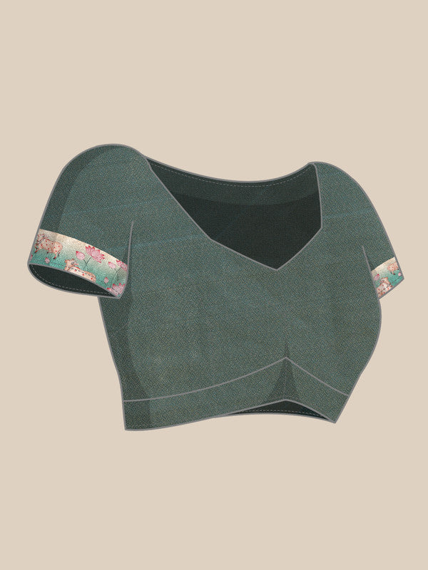 Turquoise Kanjeevaram Silk Digital Print Geomatric Saree with Unstitched Blouse - Hiral Fashion