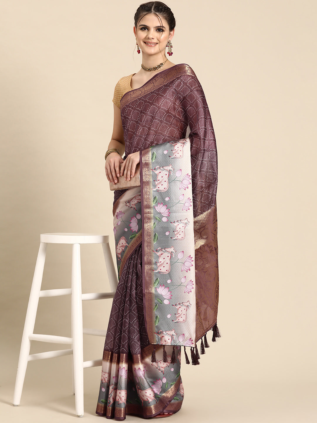 Purple Kanjeevaram Silk Digital Print Geomatric Saree with Unstitched Blouse - Hiral Fashion