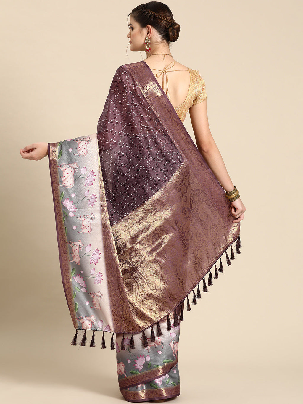 Purple Kanjeevaram Silk Digital Print Geomatric Saree with Unstitched Blouse - Hiral Fashion