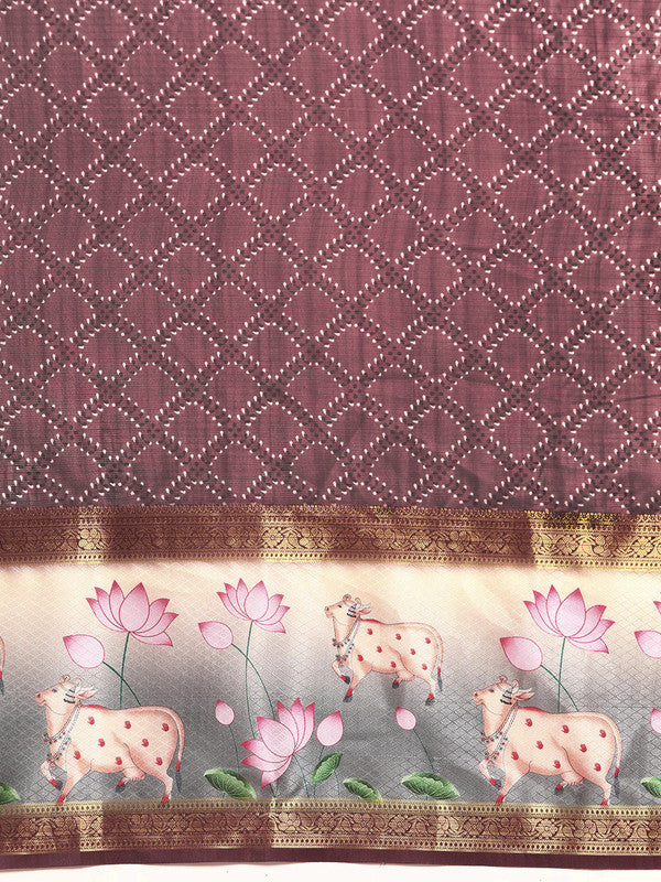 Purple Kanjeevaram Silk Digital Print Geomatric Saree with Unstitched Blouse - Hiral Fashion