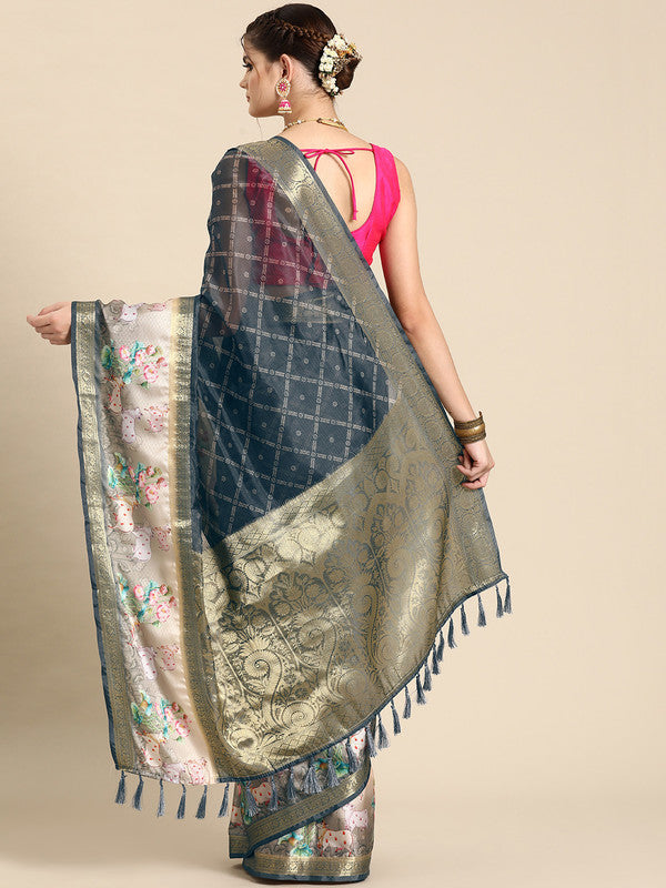 Gray Kanjeevaram Silk Digital Print Geomatric Saree with Unstitched Blouse - Hiral Fashion