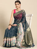 Gray Kanjeevaram Silk Digital Print Geomatric Saree with Unstitched Blouse - Hiral Fashion