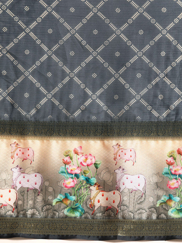 Gray Kanjeevaram Silk Digital Print Geomatric Saree with Unstitched Blouse - Hiral Fashion