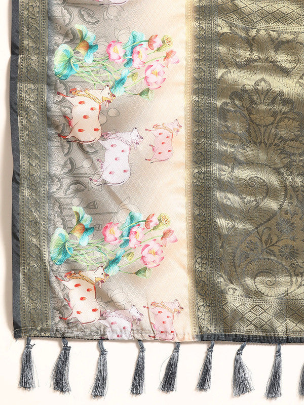 Gray Kanjeevaram Silk Digital Print Geomatric Saree with Unstitched Blouse - Hiral Fashion