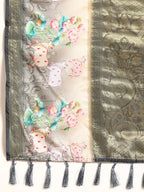 Gray Kanjeevaram Silk Digital Print Geomatric Saree with Unstitched Blouse - Hiral Fashion