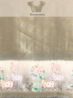Gray Kanjeevaram Silk Digital Print Geomatric Saree with Unstitched Blouse - Hiral Fashion