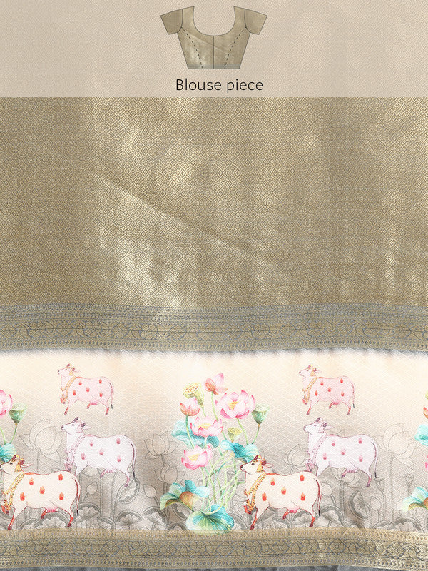 Gray Kanjeevaram Silk Digital Print Geomatric Saree with Unstitched Blouse - Hiral Fashion