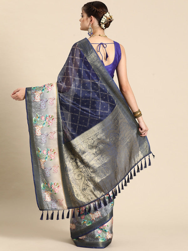 Navy Blue Kanjeevaram Silk Digital Print Geomatric Saree with Unstitched Blouse - Hiral Fashion