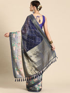 Navy Blue Kanjeevaram Silk Digital Print Geomatric Saree with Unstitched Blouse - Hiral Fashion