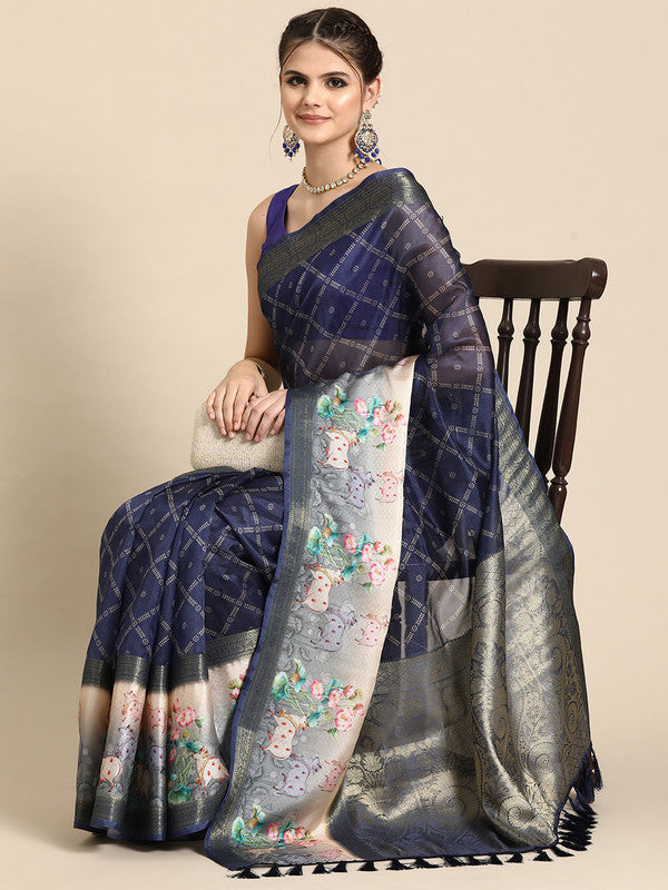 Navy Blue Kanjeevaram Silk Digital Print Geomatric Saree with Unstitched Blouse - Hiral Fashion