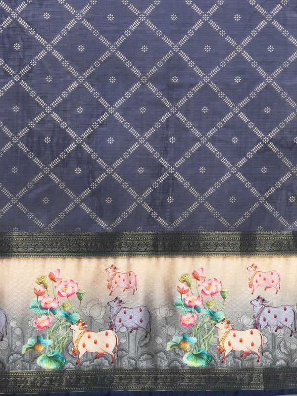 Navy Blue Kanjeevaram Silk Digital Print Geomatric Saree with Unstitched Blouse - Hiral Fashion