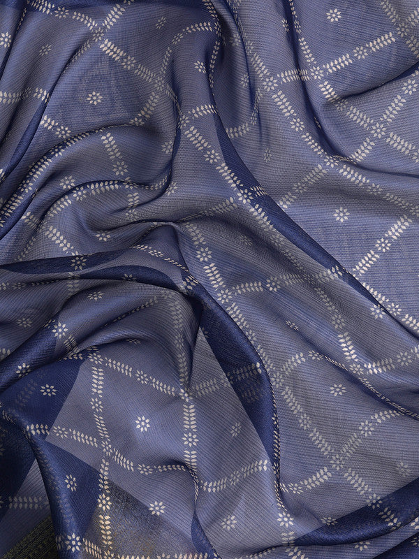 Navy Blue Kanjeevaram Silk Digital Print Geomatric Saree with Unstitched Blouse - Hiral Fashion