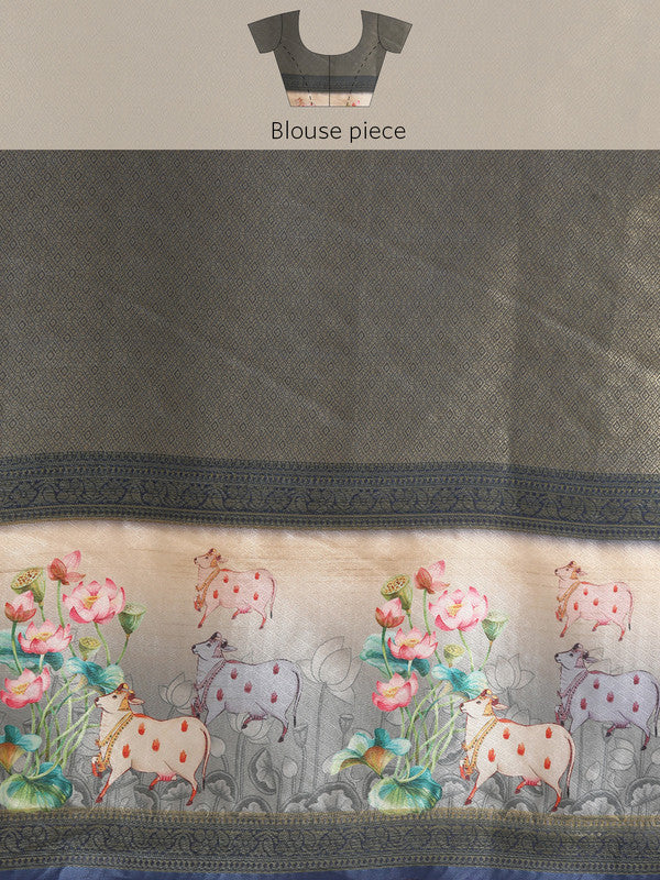 Navy Blue Kanjeevaram Silk Digital Print Geomatric Saree with Unstitched Blouse - Hiral Fashion
