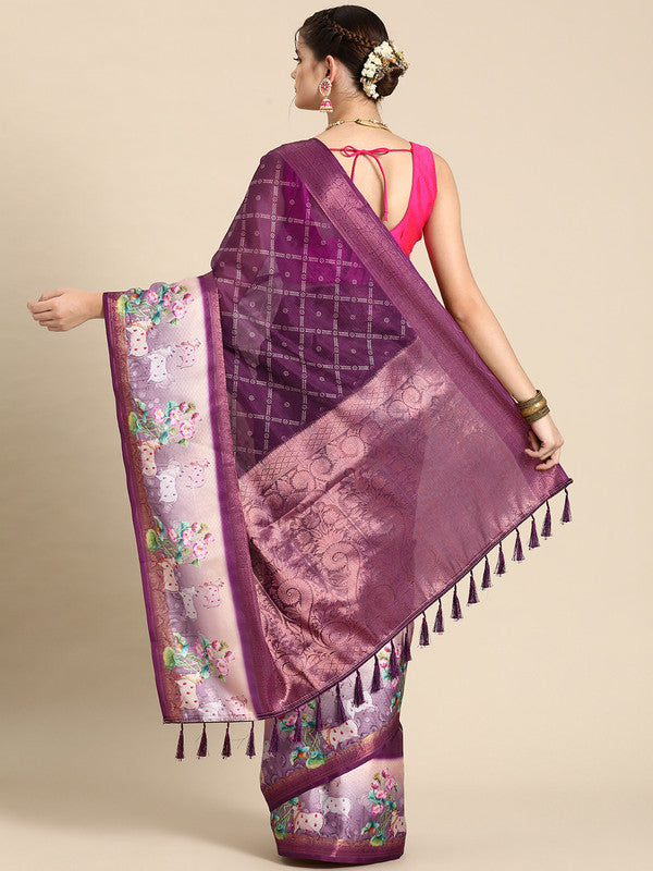Purple Kanjeevaram Silk Digital Print Geomatric Saree with Unstitched Blouse - Hiral Fashion