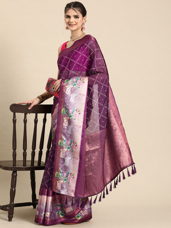 Purple Kanjeevaram Silk Digital Print Geomatric Saree with Unstitched Blouse - Hiral Fashion