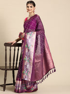 Purple Kanjeevaram Silk Digital Print Geomatric Saree with Unstitched Blouse - Hiral Fashion
