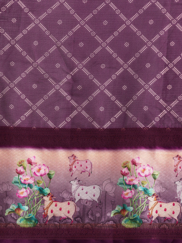 Purple Kanjeevaram Silk Digital Print Geomatric Saree with Unstitched Blouse - Hiral Fashion