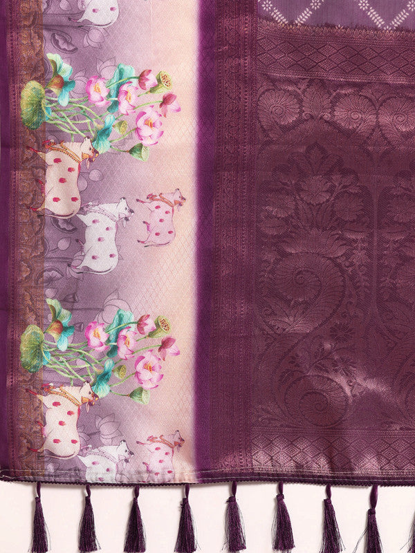 Purple Kanjeevaram Silk Digital Print Geomatric Saree with Unstitched Blouse - Hiral Fashion