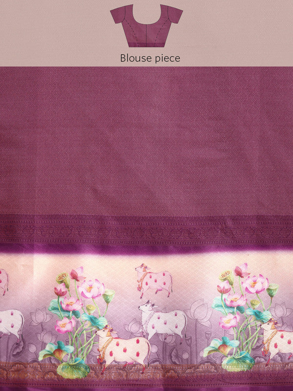 Purple Kanjeevaram Silk Digital Print Geomatric Saree with Unstitched Blouse - Hiral Fashion