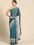 Turquoise Kanjeevaram Silk Digital Print Geomatric Saree with Unstitched Blouse - Hiral Fashion