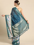 Turquoise Kanjeevaram Silk Digital Print Geomatric Saree with Unstitched Blouse - Hiral Fashion