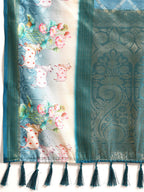 Turquoise Kanjeevaram Silk Digital Print Geomatric Saree with Unstitched Blouse - Hiral Fashion