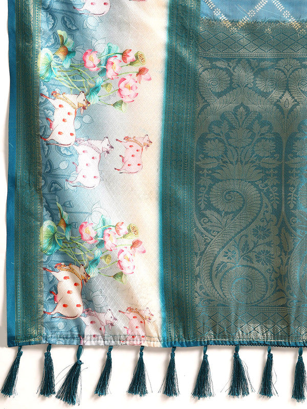 Turquoise Kanjeevaram Silk Digital Print Geomatric Saree with Unstitched Blouse - Hiral Fashion